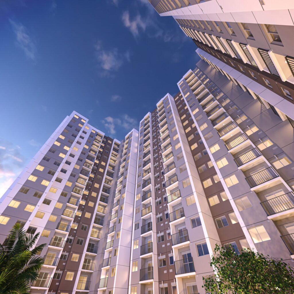 Fachada Moderna Do Empreendimento Vibra Nações Unidas Em Santo Amaro, São Paulo, Com Áreas De Lazer Completas, Piscina, Varanda E Arquitetura Contemporânea Voltada Ao Programa Minha Casa Minha Vida.