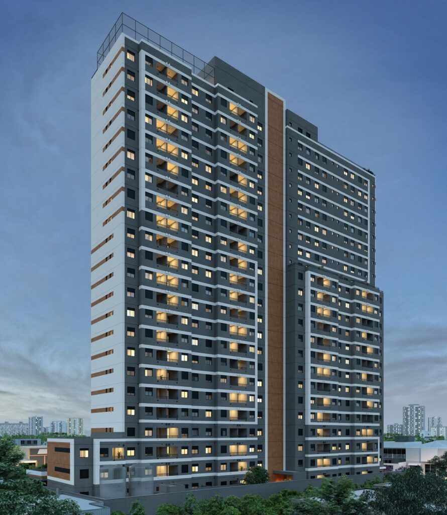 Fachada Iluminada Do Vinx Bresser Mooca, Localizado Na Rua Lopes Coutinho, 467 – Belenzinho, São Paulo, Com 22 Andares E Lazer Na Cobertura.