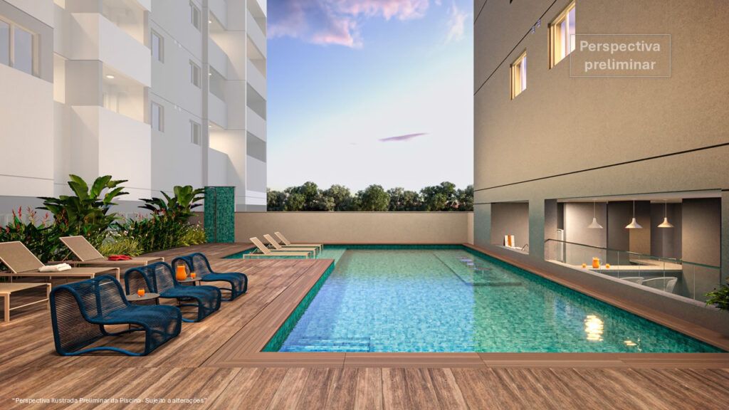 Piscina Com Deck E Área De Lazer Do Empreendimento Novvo Vila Prudente, Localizado Na Vila Prudente, São Paulo – Projeto Minha Casa Minha Vida Com Rooftop E Lazer Completo.