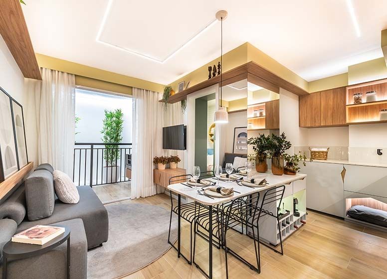 Sala De Estar Decorada Do Sphera Panamby, Com Ambiente Moderno, Integrado E Varanda, No Panamby, Zona Sul De São Paulo – Empreendimento Minha Casa Minha Vida