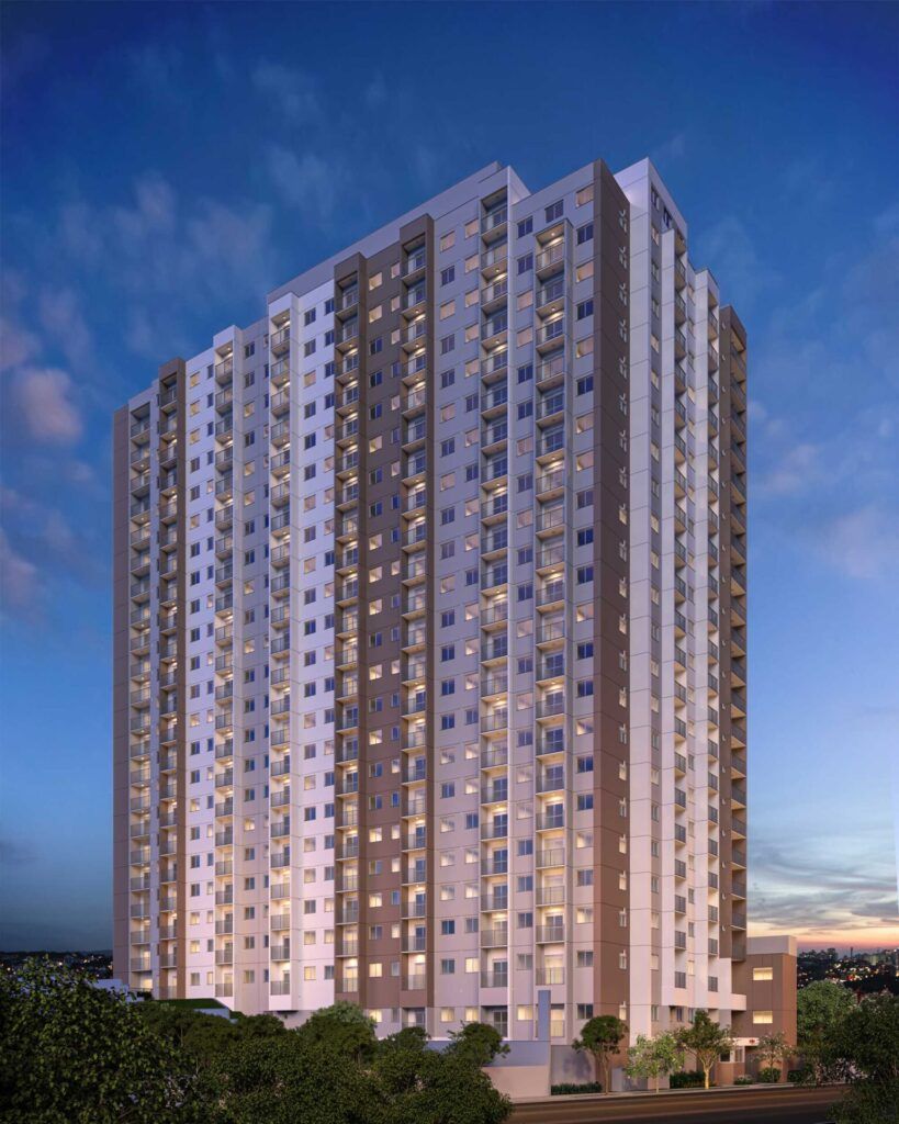 Fachada Moderna Do Vibra Estação Campo Limpo, Lançamento Minha Casa Minha Vida Na Zona Sul De São Paulo, Mostrando Torre Residencial E Área Urbana Ao Redor.